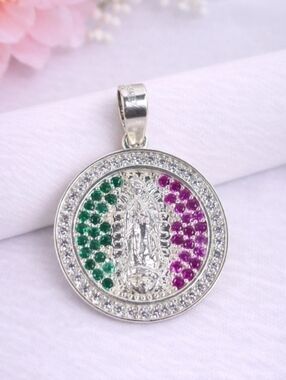 925 Sterling Silver Virgin Guadalupe CZ Round Medal Pendant Tricolor - 2.15cm